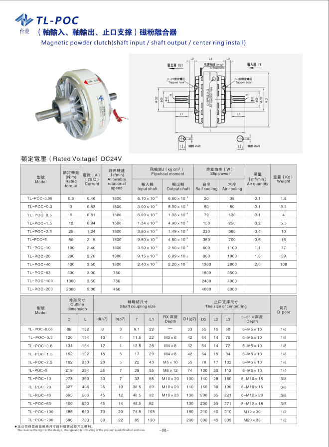 磁粉式電磁離合器規格型號尺寸參數表