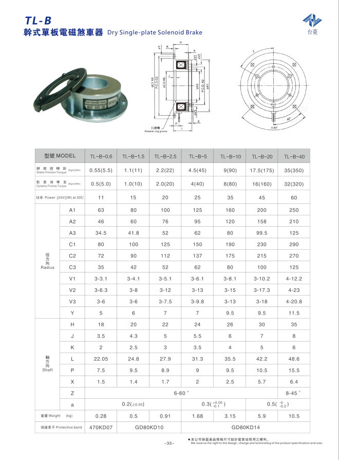 TL-B型干式單板電磁剎車器型號規格尺寸參數表